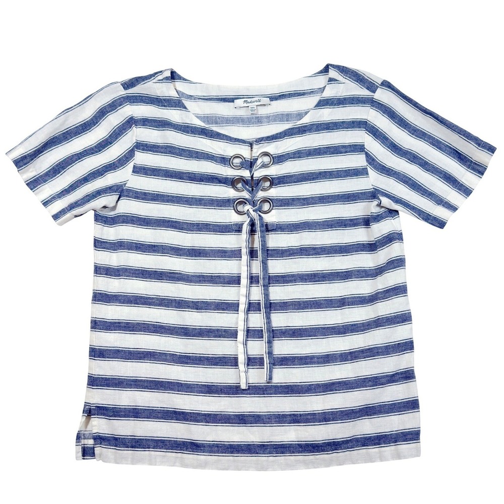 Madewell Stripe Top Blue White Lace Up Coastal Nautical‎ Resort Euro Summer XXS